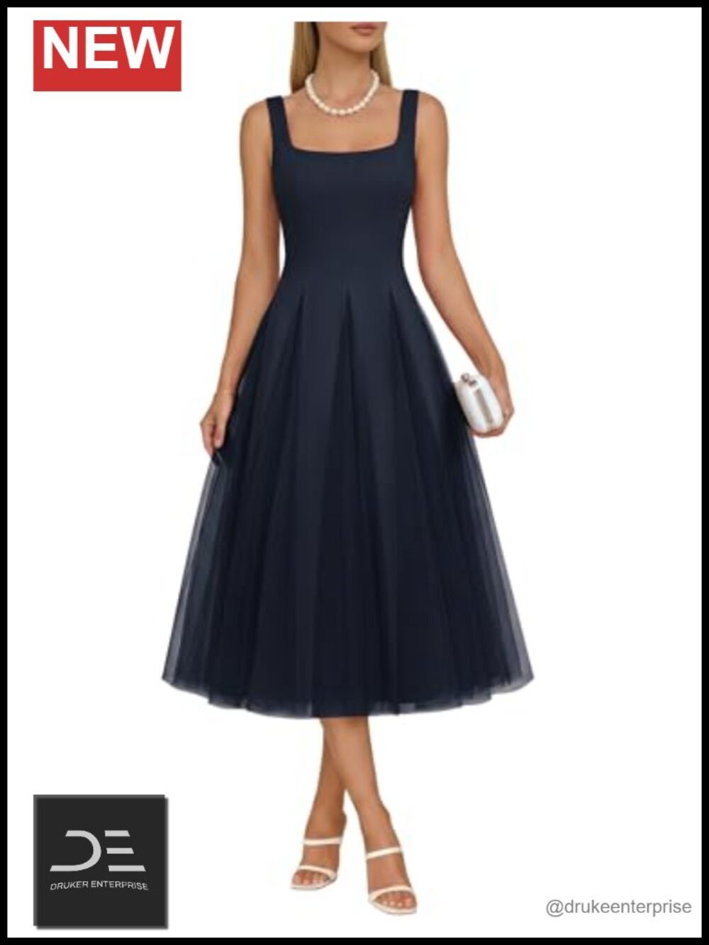 Tulle Midi A-Line Formal Wedding Guest Dress Sleeveless Square Neck
